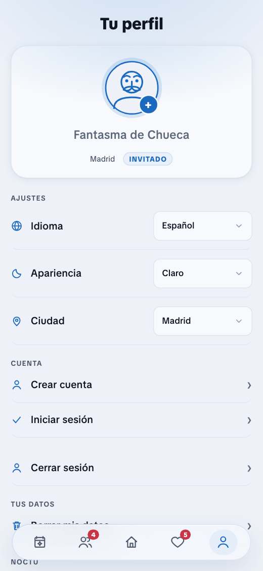 The profile screen in guest mode, with the language and theme settings.