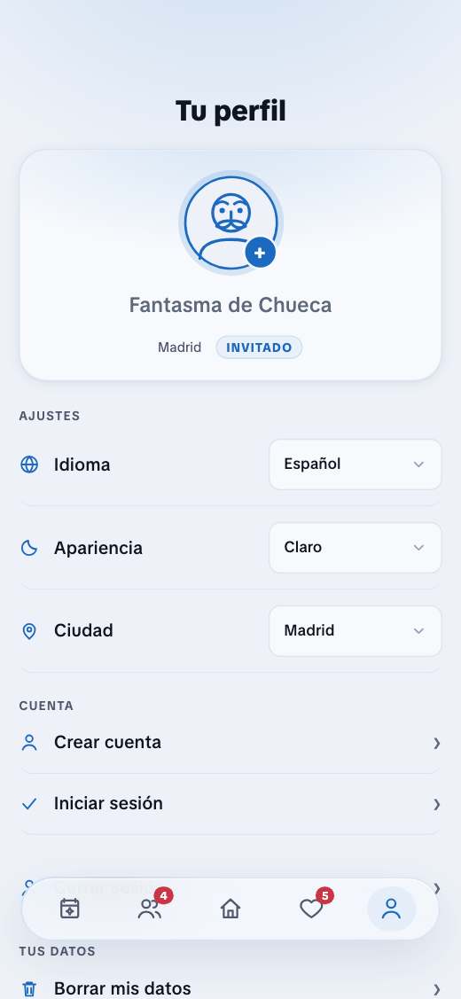 The profile screen in guest mode, with the language and theme settings.