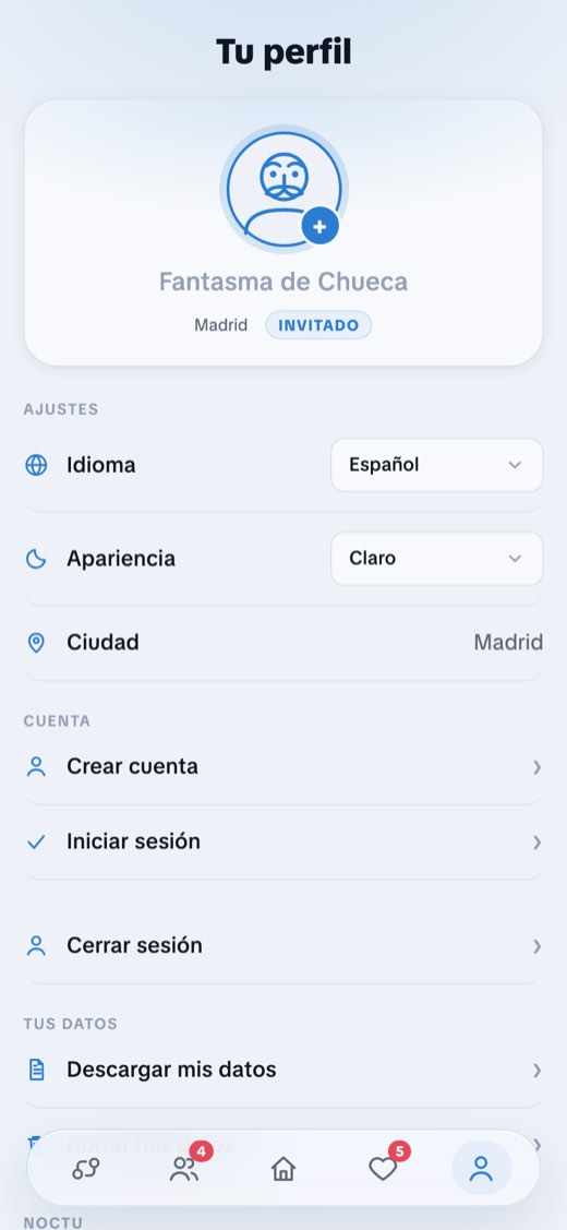 The profile screen in guest mode, with the language and theme settings.