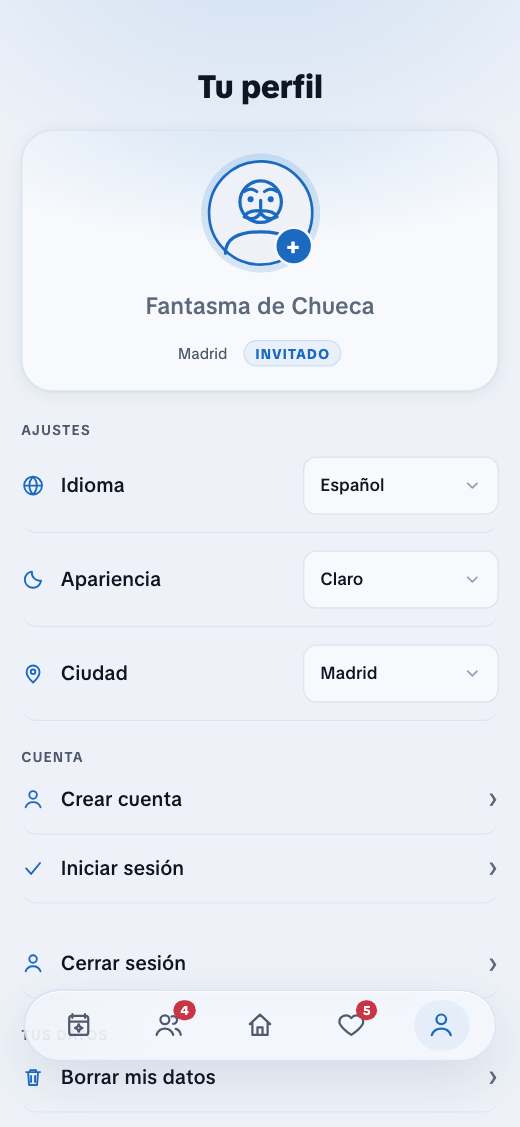 The profile screen in guest mode, with the language and theme settings.