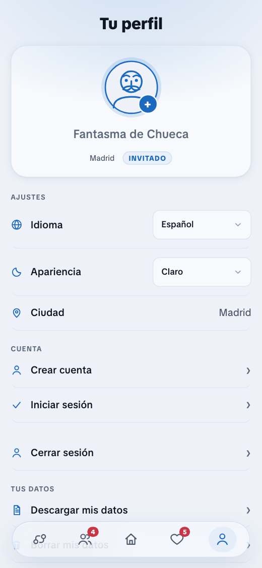 The profile screen in guest mode, with the language and theme settings.