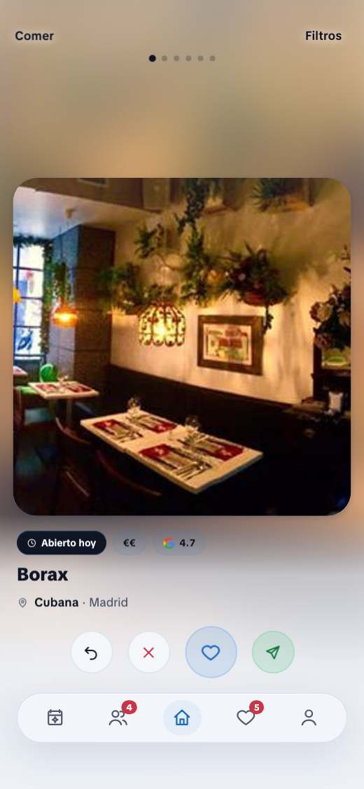 The swipe deck: one card for a place in Madrid, with its opening hours, its price range and its rating.