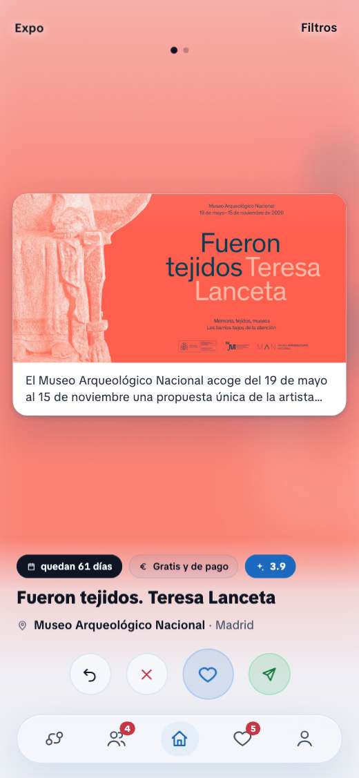 The swipe deck: one card for an exhibition in Madrid, with the days remaining, a free-entry badge and a rating.