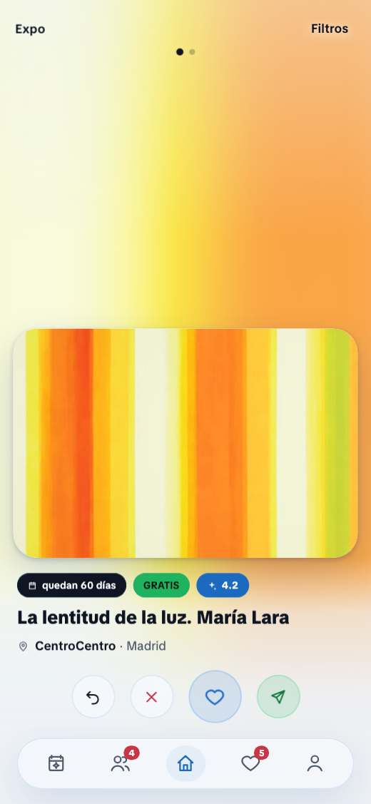 The swipe deck: one card for an exhibition in Madrid, with the days remaining, a free-entry badge and a rating.